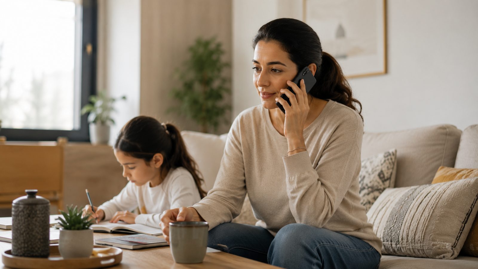 Femme au téléphone avec Allo811 pendant qu'un enfant étudie à la maison