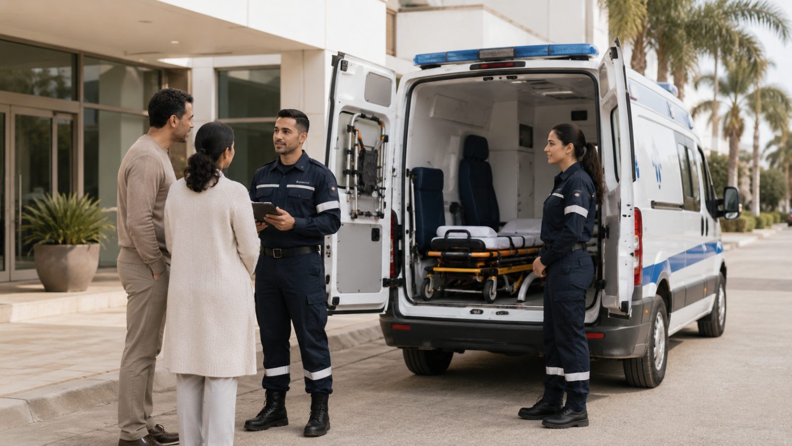 Ambulance privée stationnée devant une clinique au Maroc, ambulanciers en tenue échangeant calmement avec une famille avant un transfert sanitaire, scène illustrant une coordination de transport médical.