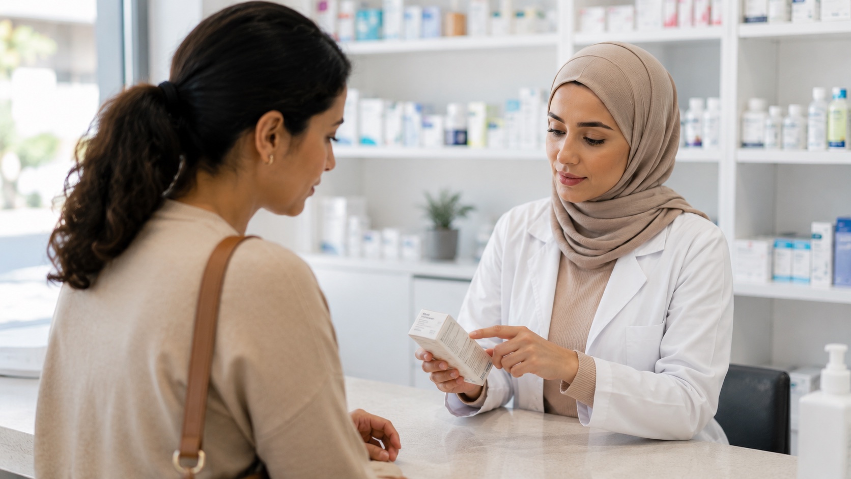 Une pharmacienne expliquant une boîte de médicament à une cliente